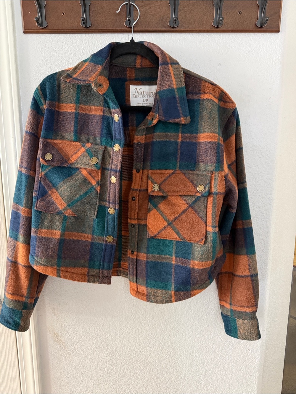 Natural Reflections Orange and Green Plaid Cropped Teddy Shacket